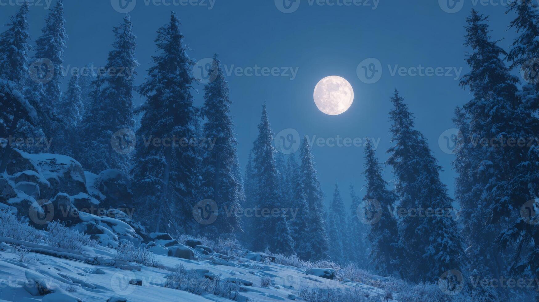 Serene Winter Night Landscape with Snow-Covered Trees and Full Moon Overhead in a Calm, Tranquil Atmosphere photo