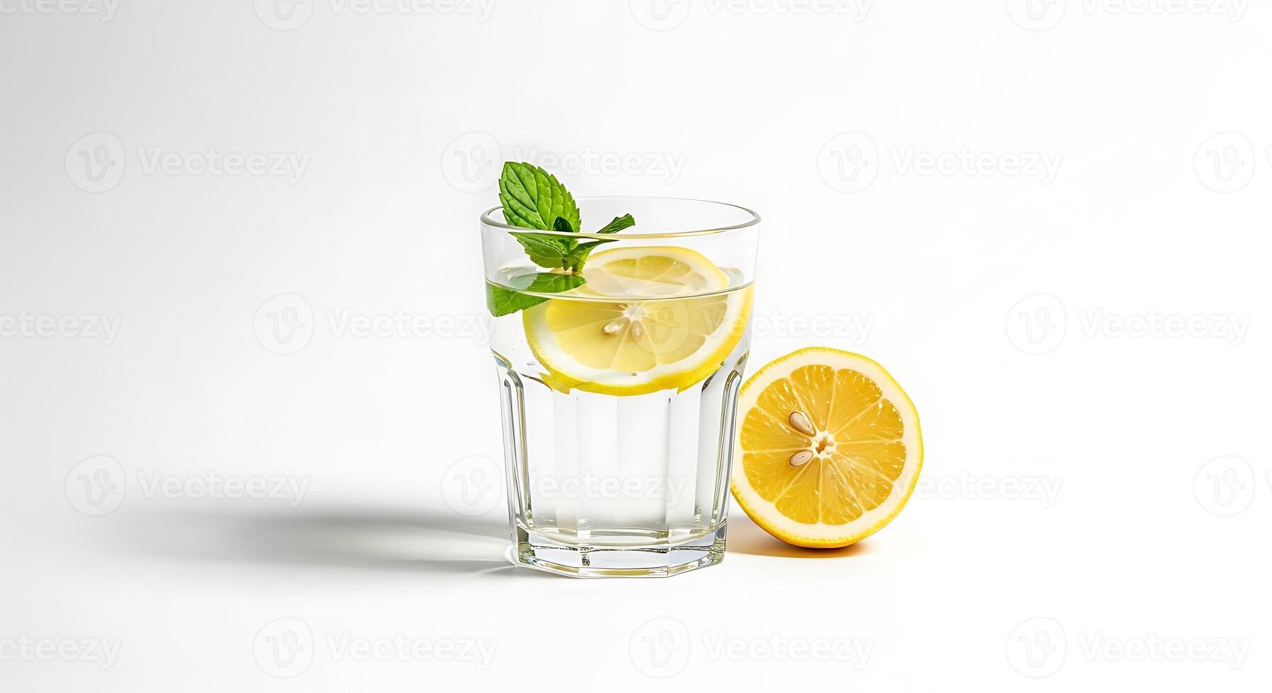 Refreshing lemon and mint infused water in a glass photo