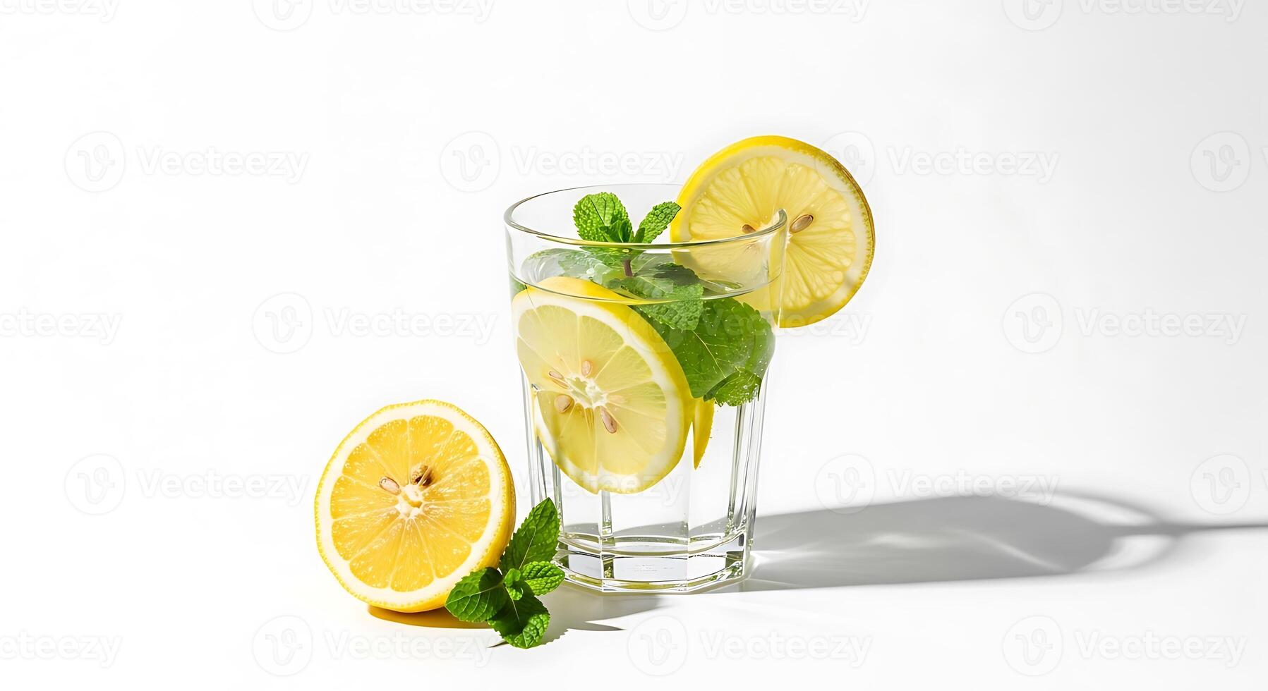 Refreshing lemon and mint drink with slices and leaves photo