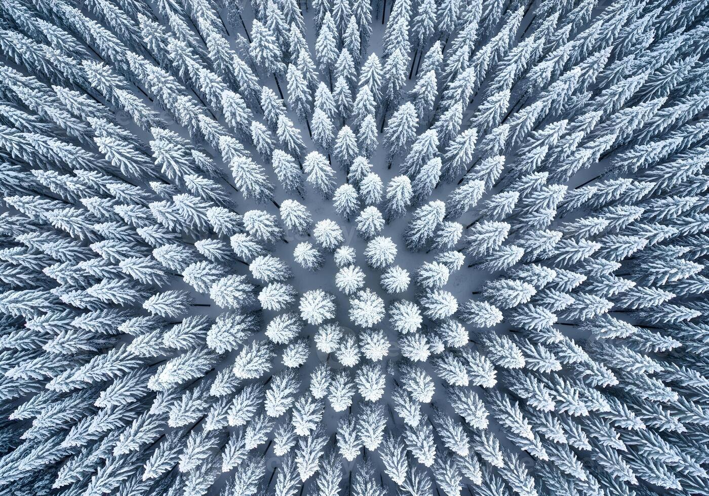 Snow-Covered Pine Forest Viewed from Above photo