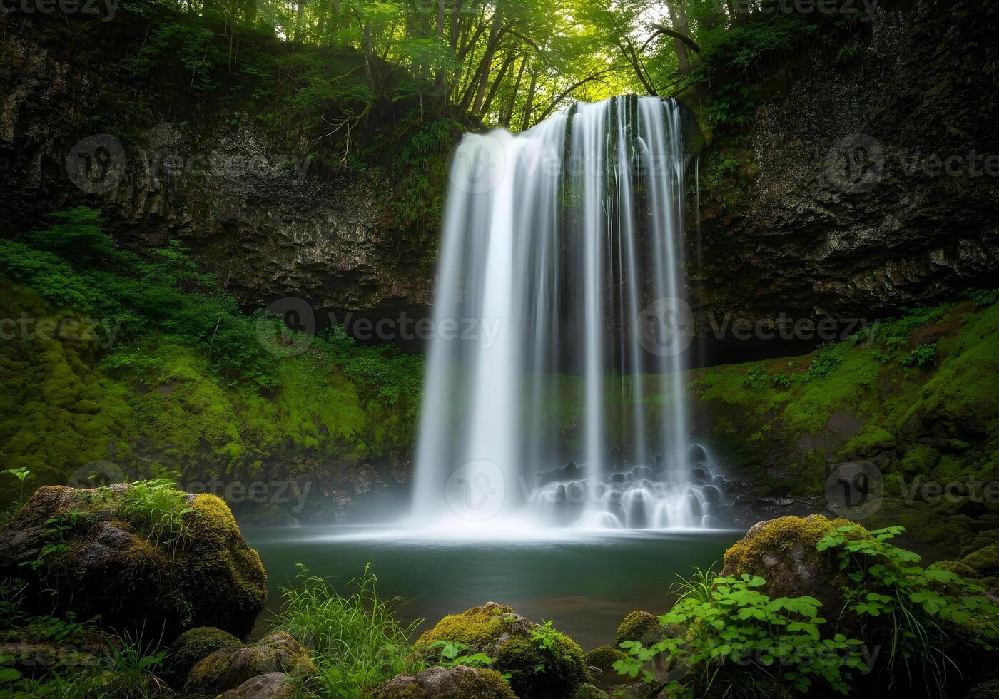 Waterfall and Mossy Cliffs Captured in Long Exposure photo