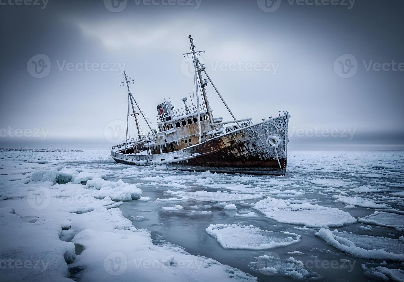 An old ship is sitting on ice in the ocean photo