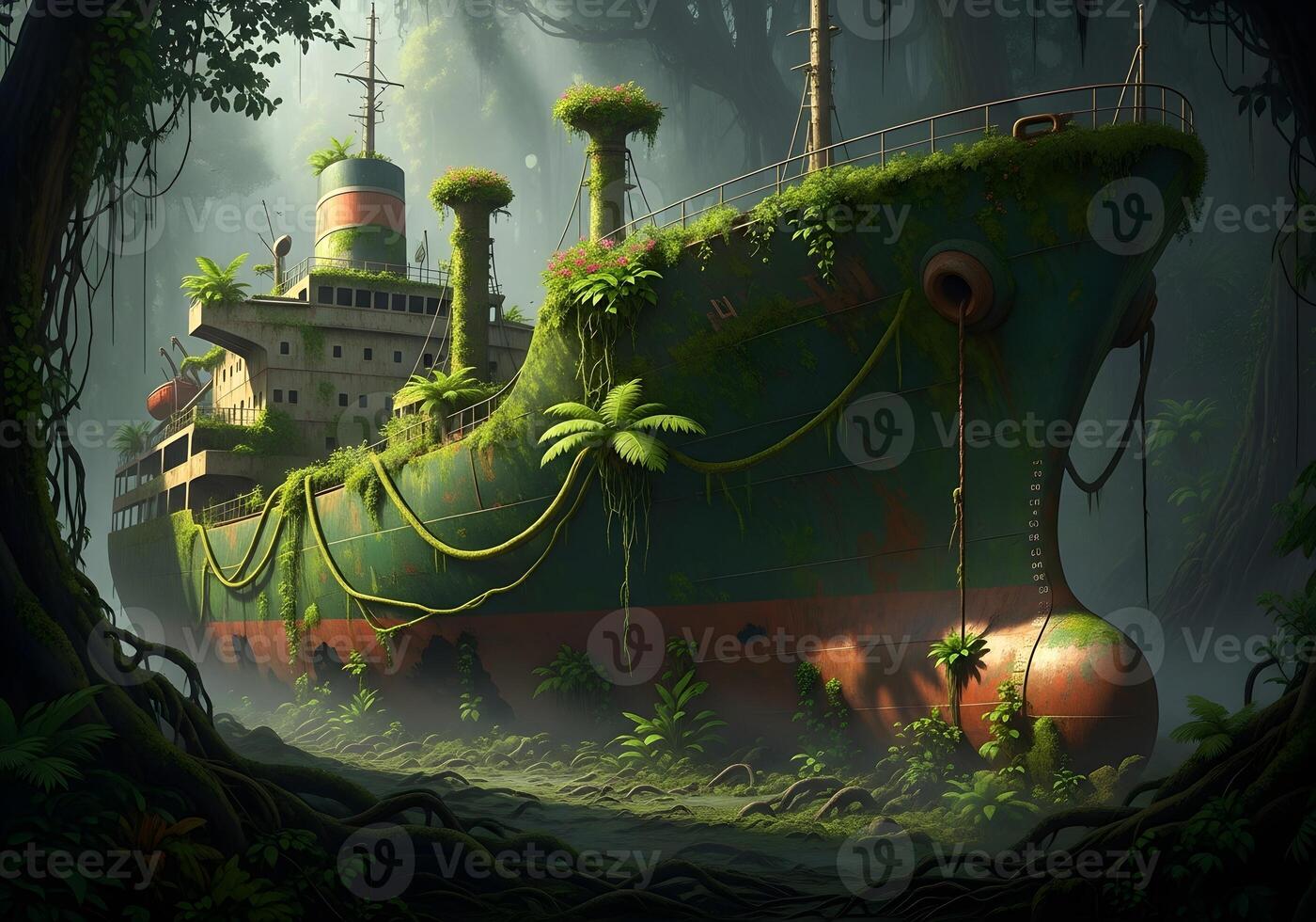 A ship in the jungle with plants and trees photo