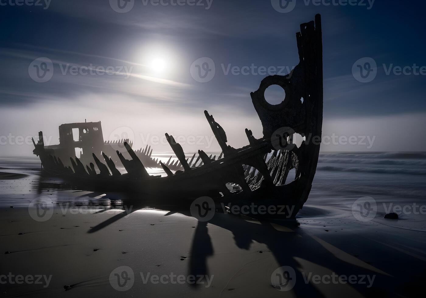 A shipwreck on the beach at night photo