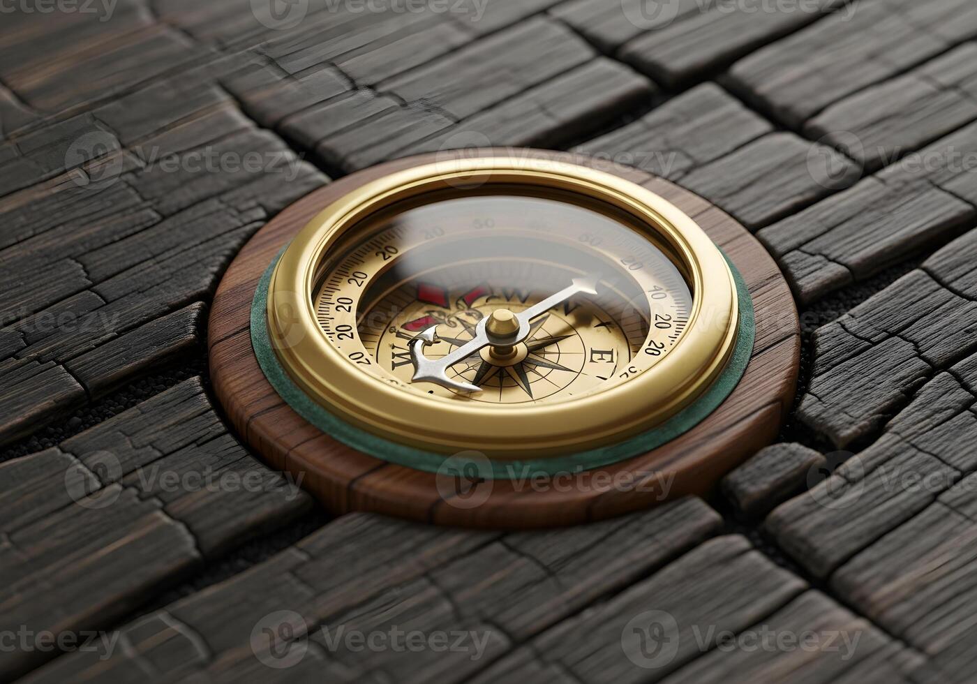 A compass is sitting on top of a wooden table photo