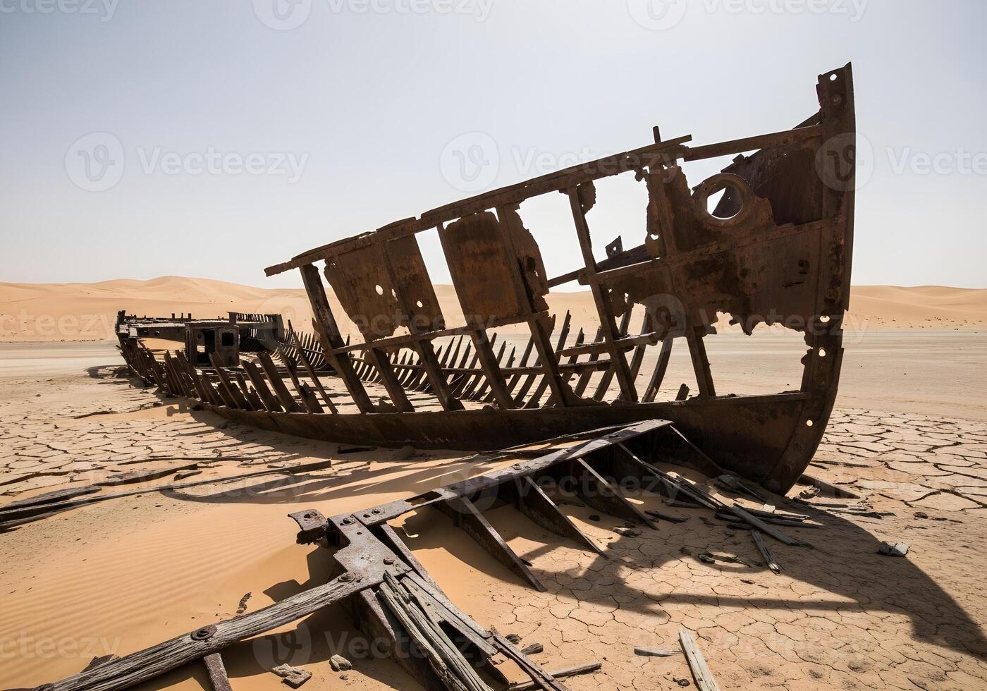 The wreck of a ship in the desert photo
