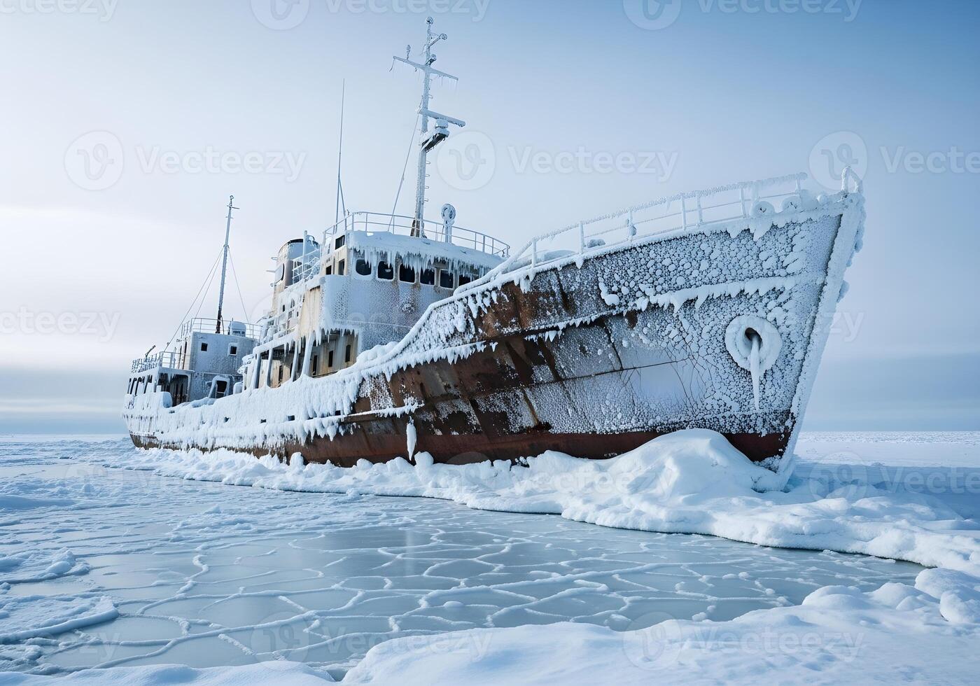 The ship is covered in ice and snow photo