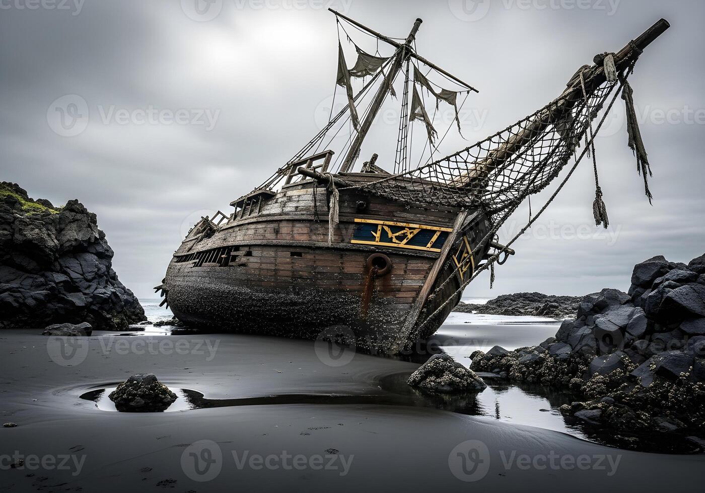 A ship is sitting on the sand in the ocean photo