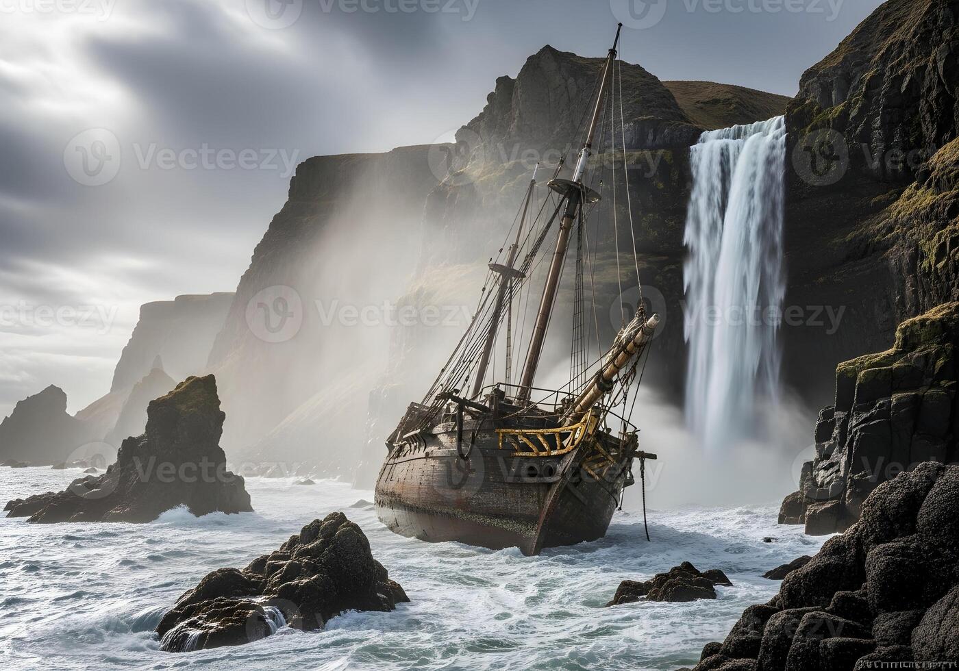 A ship is in the water near a waterfall photo