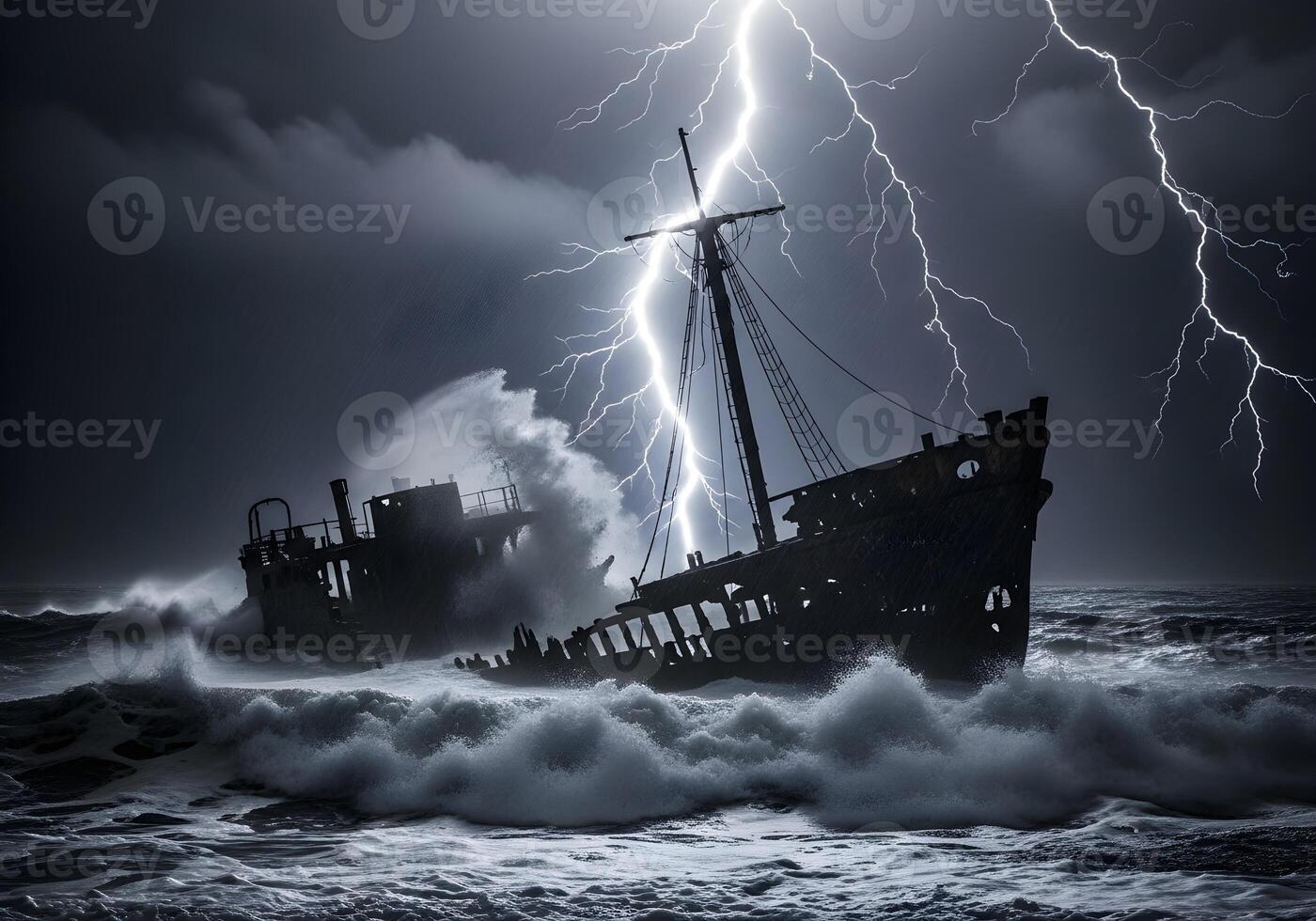 A ship in the ocean with lightning and storm photo