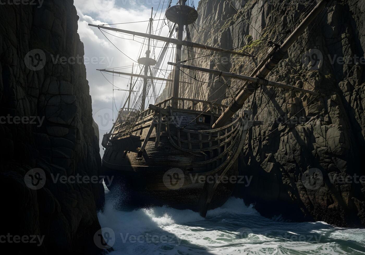 A pirate ship is in the water near a cliff photo