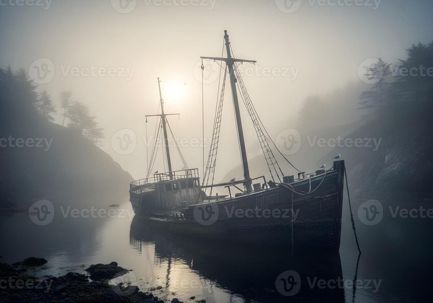 A boat is docked in the foggy water photo