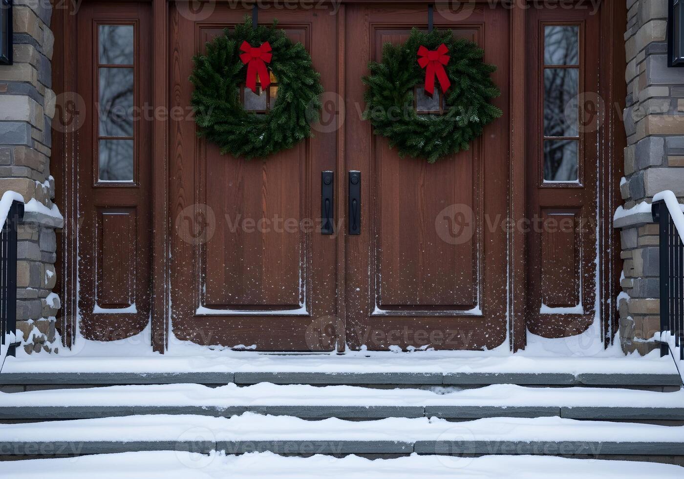 Winter Scene of Wooden Double Front Doors with Snow and Pine Wreaths photo