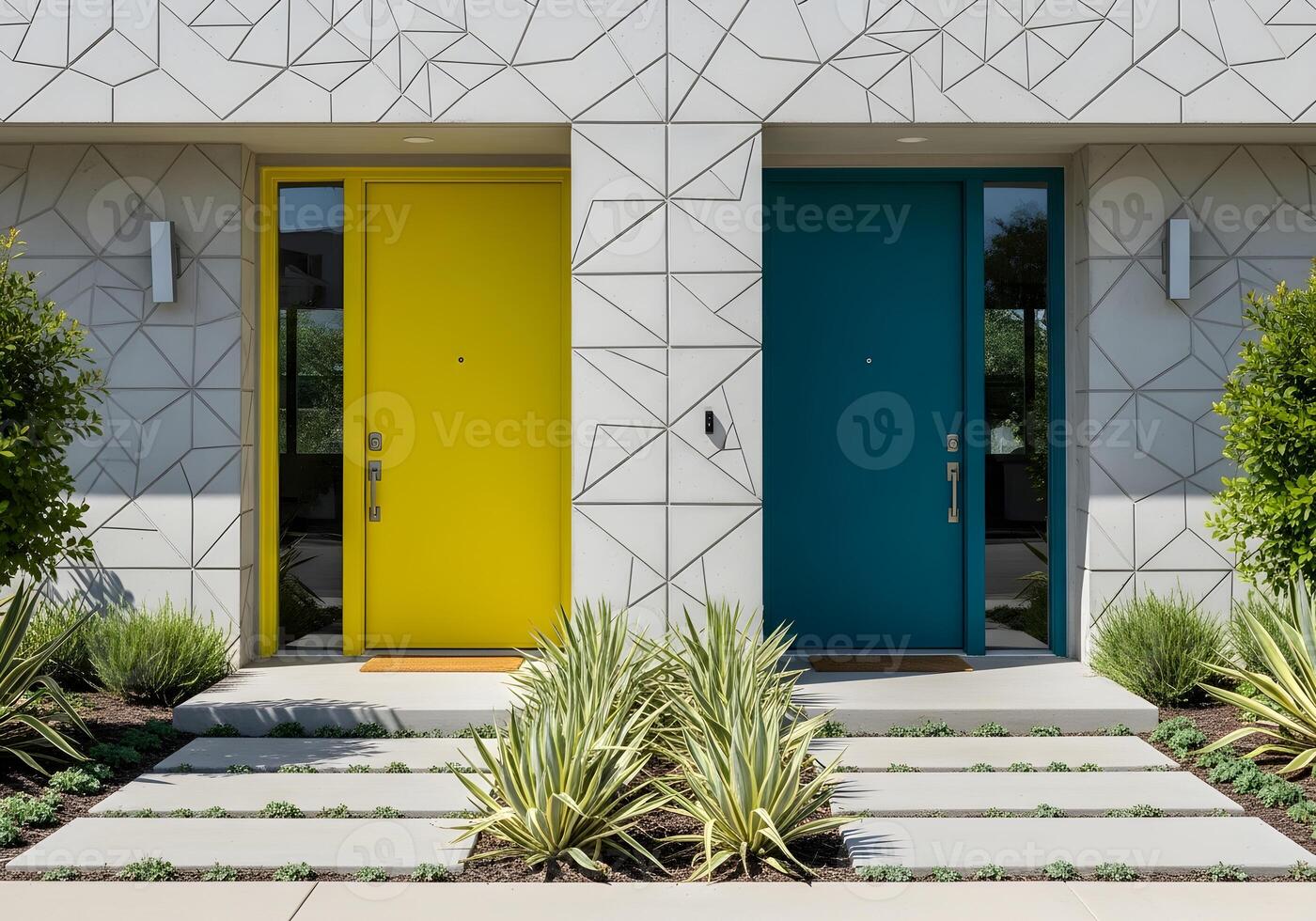 Color-Block Double Front Doors with Yellow and Teal Panels photo