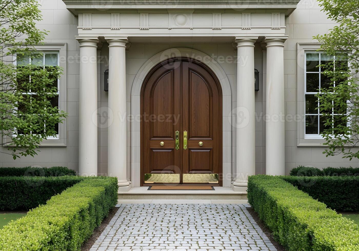 Elegant Dark Oak Arched Double Doors with Brass Hardware photo