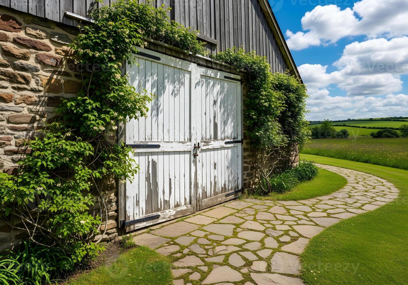 Rustic White Barn Double Doors with Stone Path and Vines photo