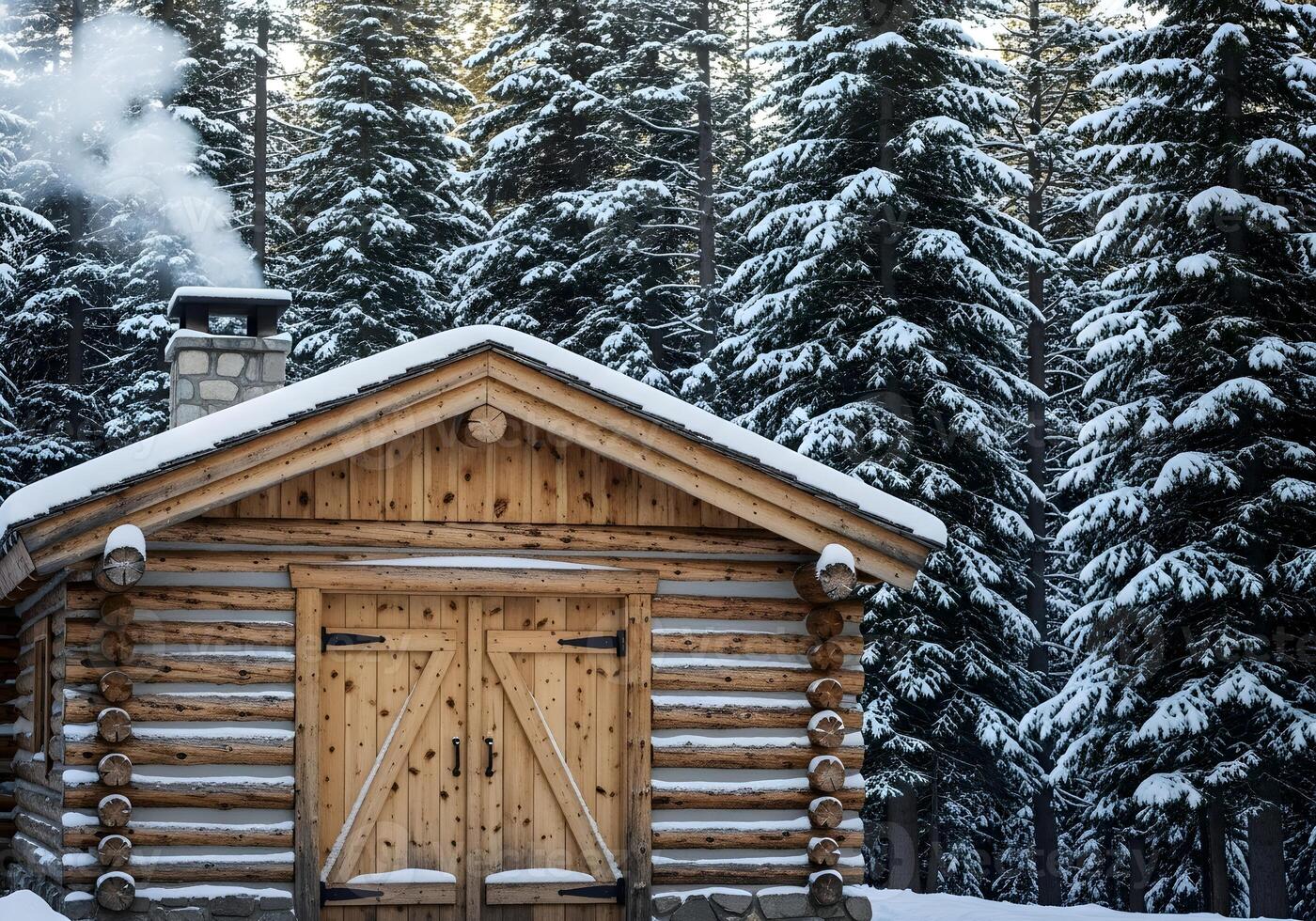 Mountain Cabin Double Doors with Light Snow and Forest Background photo
