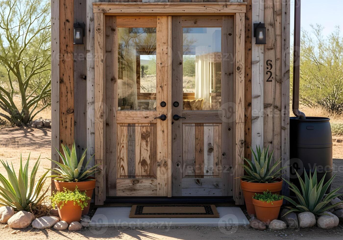 Reclaimed Wood Double Doors on Desert Tiny House with Natural Lighting photo