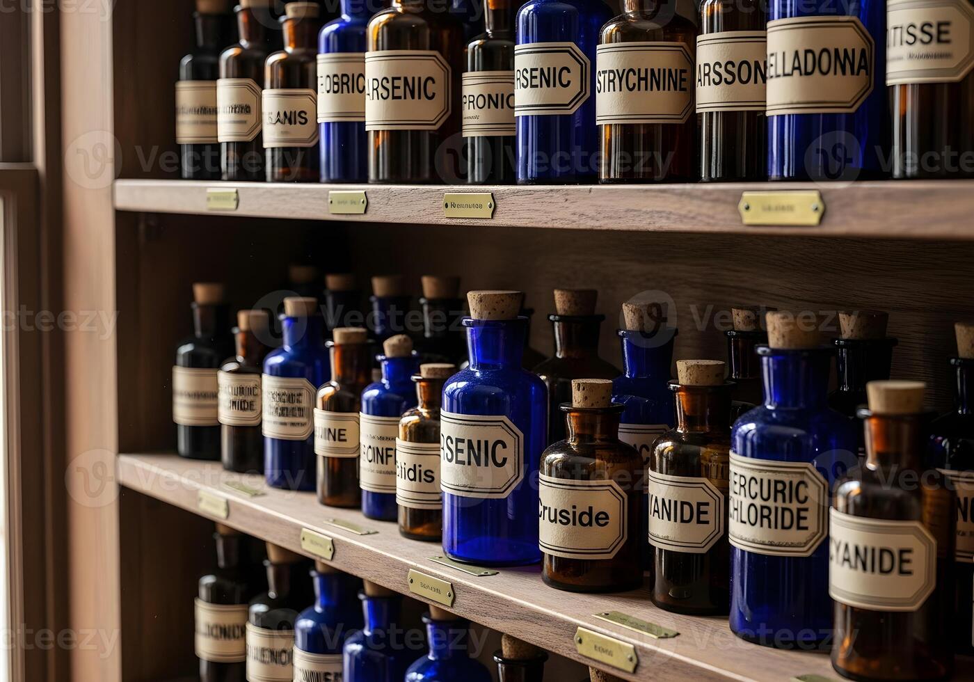 Shelf of Vintage Poison Bottles in Wooden Apothecary photo