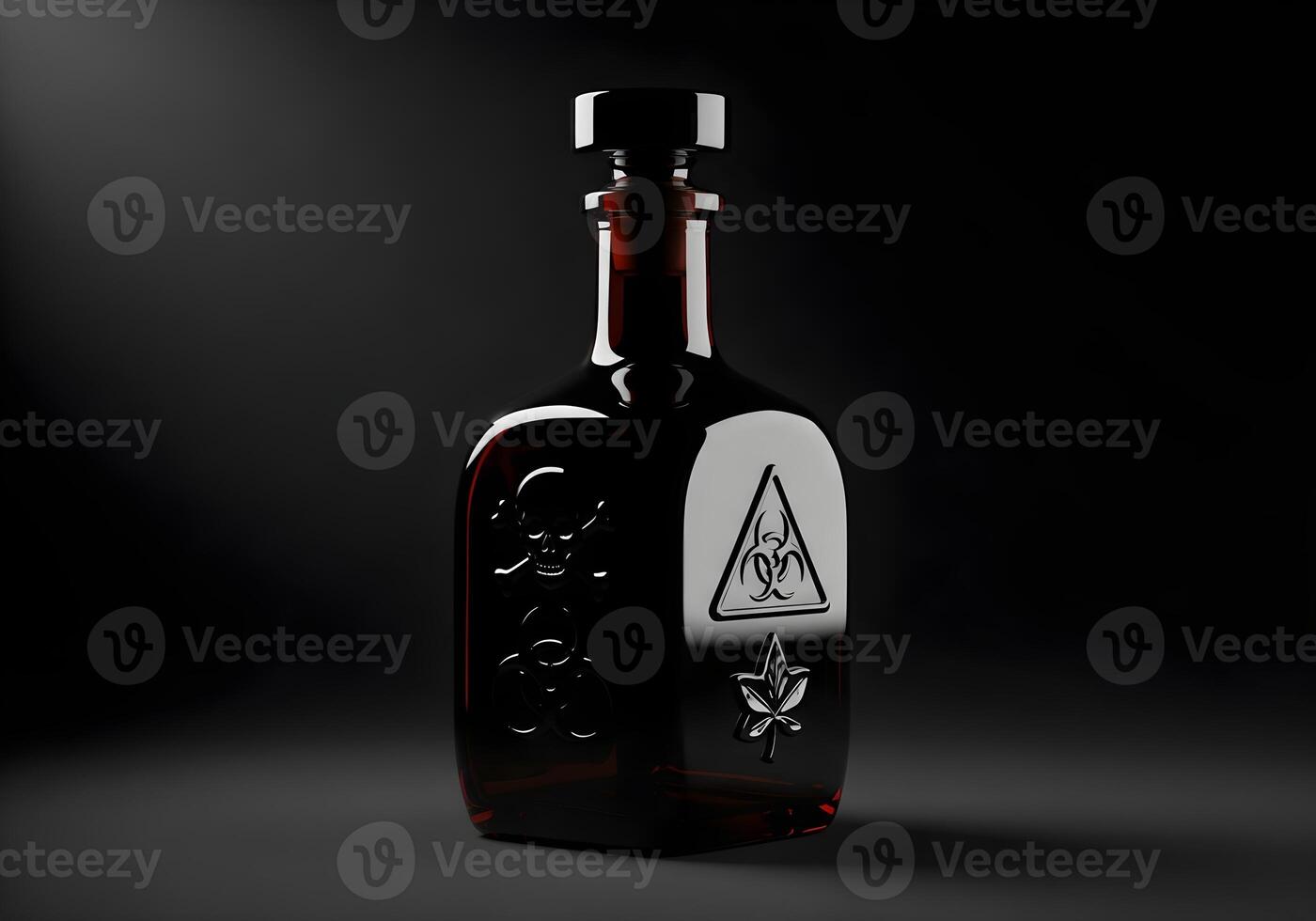 Obsidian Poison Bottle with Warning Symbols on Dark Background photo