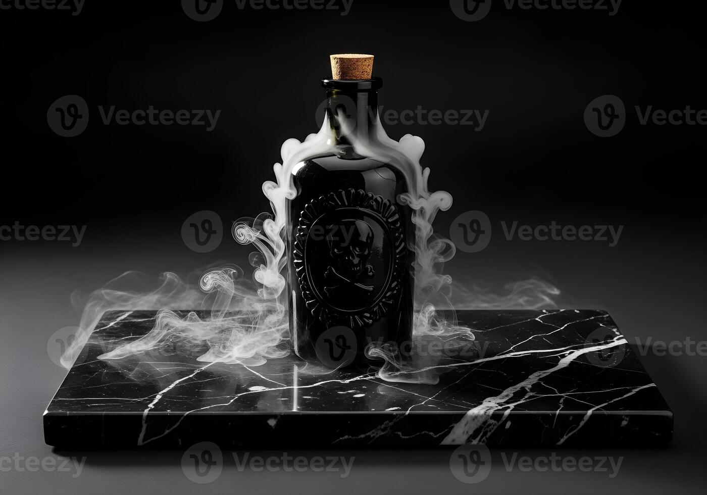 Minimalist Poison Bottle on Black Marble with Smoke photo