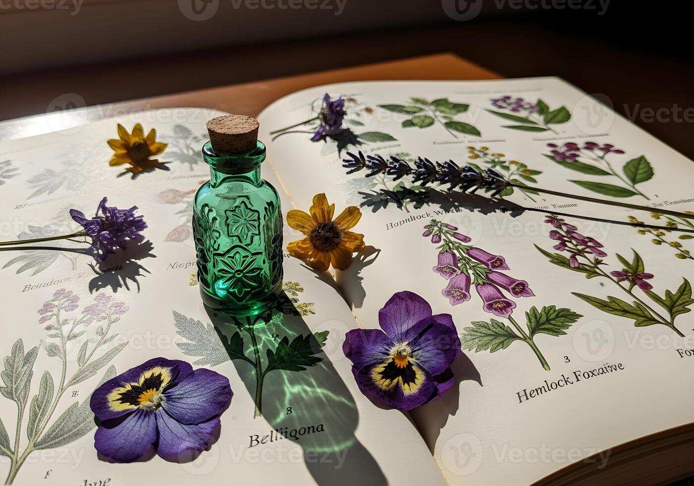 Poison Vial with Cork on Open Botanical Book with Dried Flowers photo