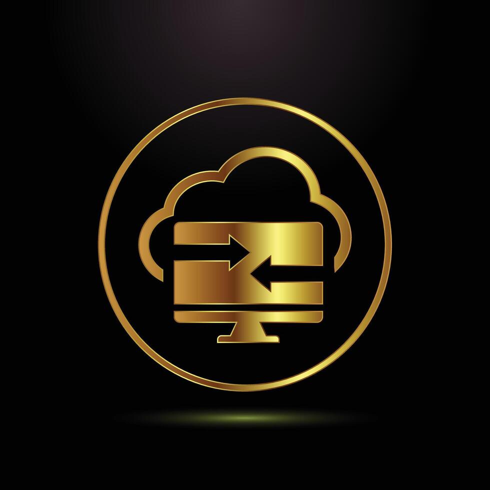 Cloud Computing Network with Arrow Exchange Data Transfer Icon Golden Design on Black Background vector