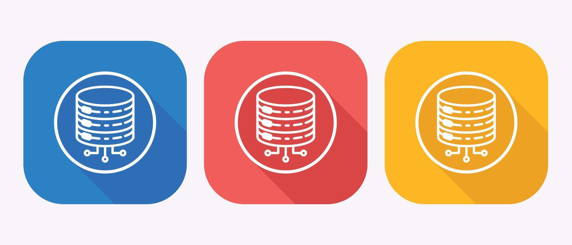 Three flat design icons representing data storage or databases in different colors vector