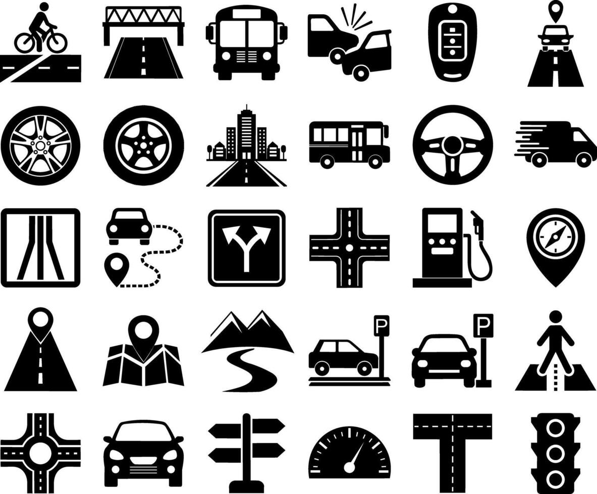 Transport and road navigation icons for driving, travel, city traffic, GPS maps, and transportation infrastructure concepts vector