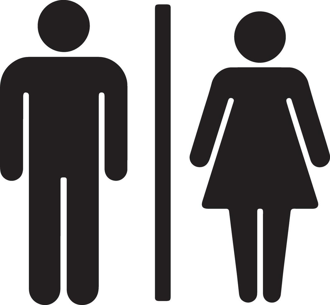 Black and white restroom sign with male and female figures separated by a vertical line vector