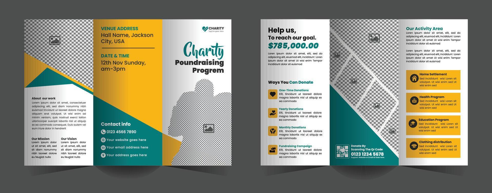 Boost your charity's impact with this unique Charity Fundraising Program Trifold Brochure Design Template. Perfect for promoting donation drives, nonprofit events, and community support initiatives vector