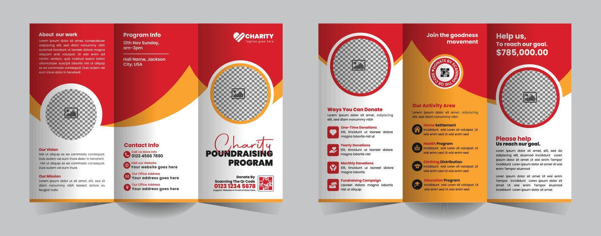 Unleash the power of giving with this Charity Fundraising Program Trifold Brochure Design Template. Perfect for driving donations, supporting nonprofit events, and fostering community involvement vector