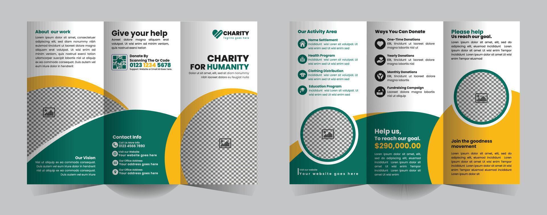 Unleash the power of giving with this Charity Fundraising Program Trifold Brochure Design Template. Perfect for driving donations, promoting nonprofit events, and fostering community support vector