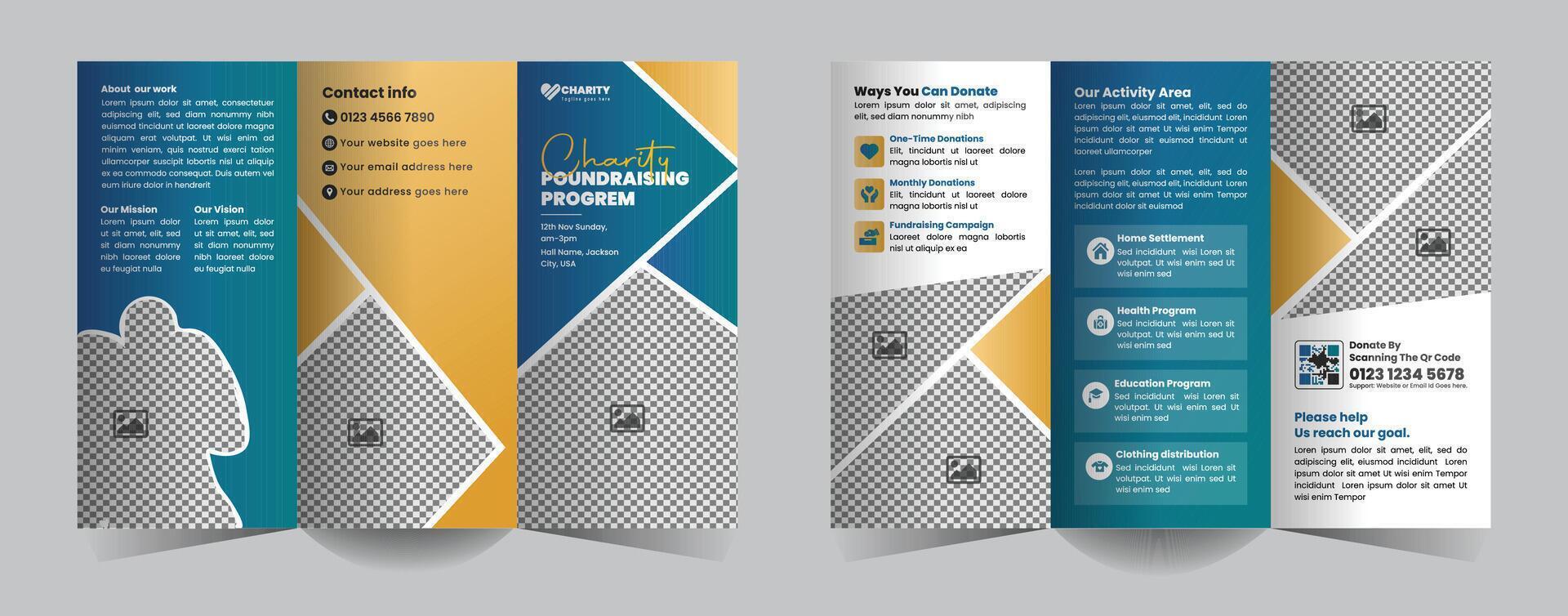 Create impactful awareness with this Charity Fundraising Program Trifold Brochure Design Template. Perfect for nonprofit events, donation drives, and community campaigns to support your cause vector