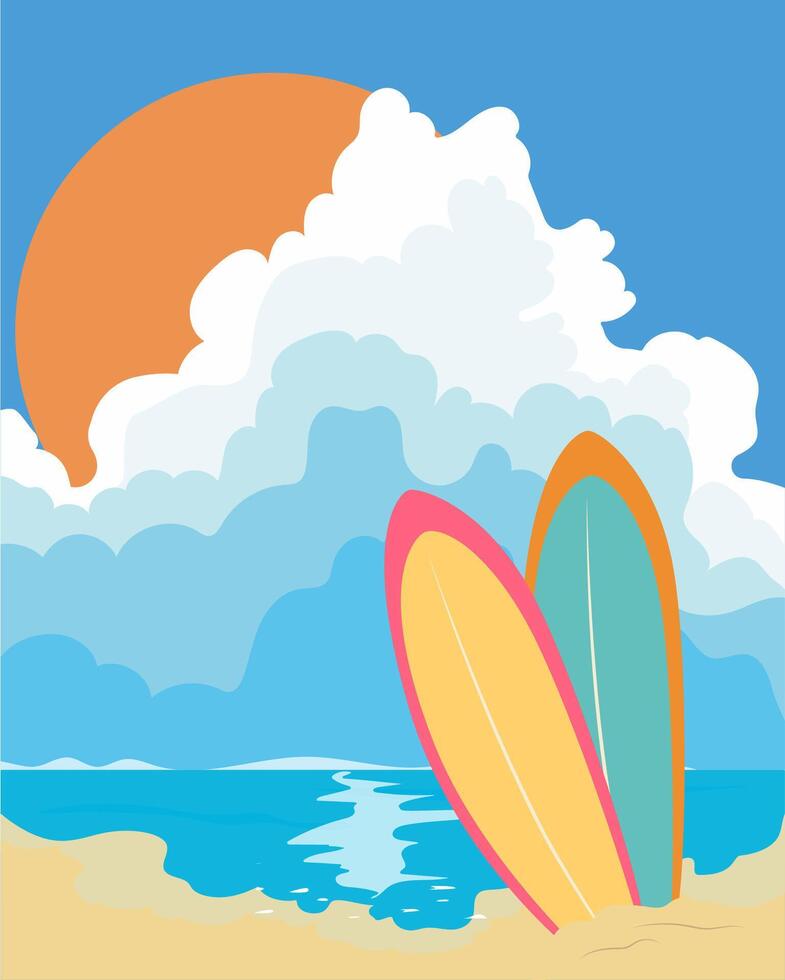 illustration of a beach with a surfboard, sunset in thick clouds on the beach,large hammocks and surfboards stand on the sand, greeting card, place for inscription vector