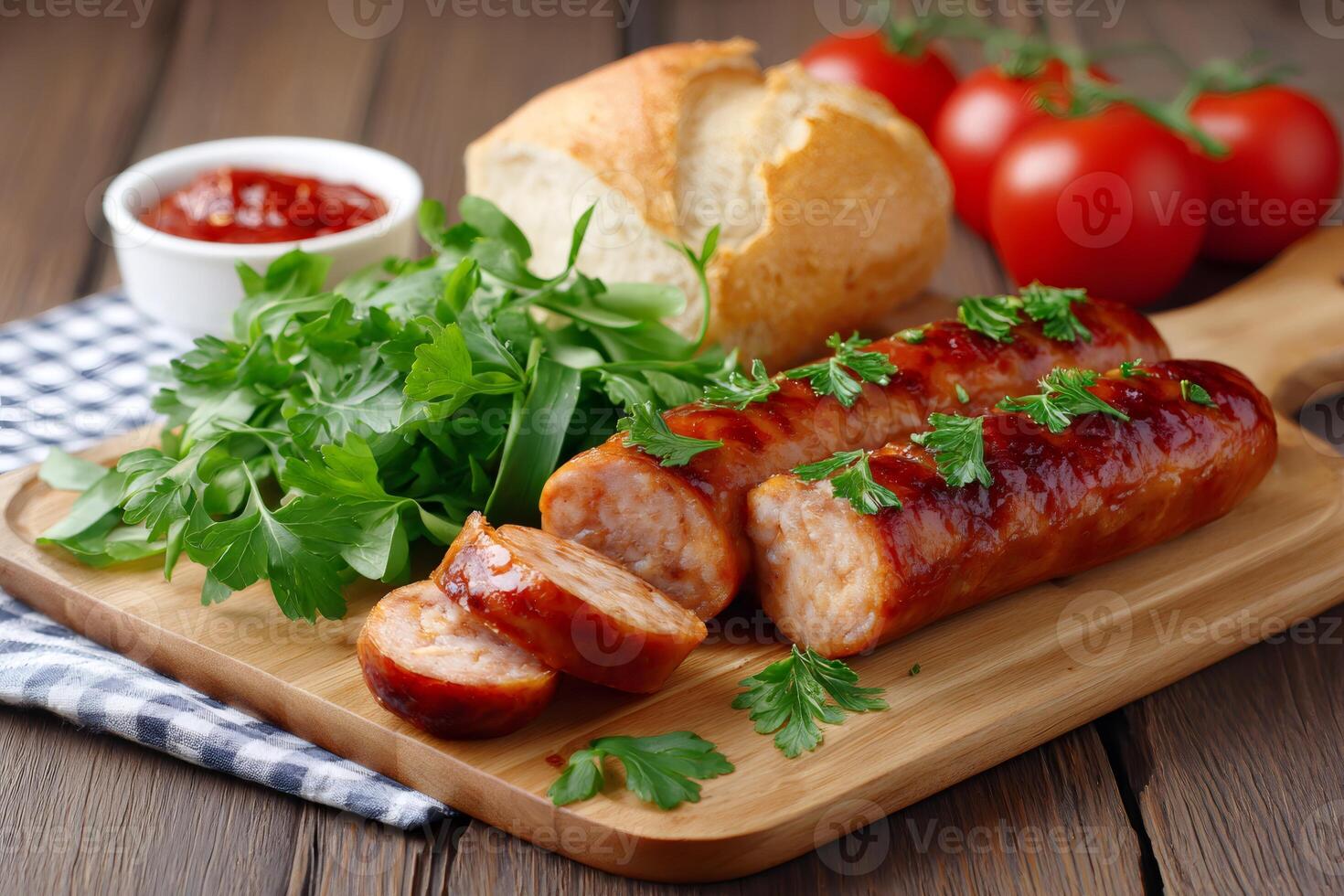 Grilled sausages with herbs and tomato sauce resting on wooden cutting board photo