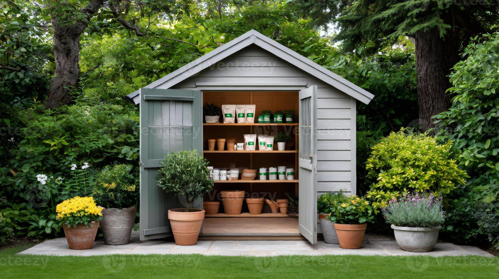 Gardening shed displaying various pots, bags of soil and plants in a lush garden photo