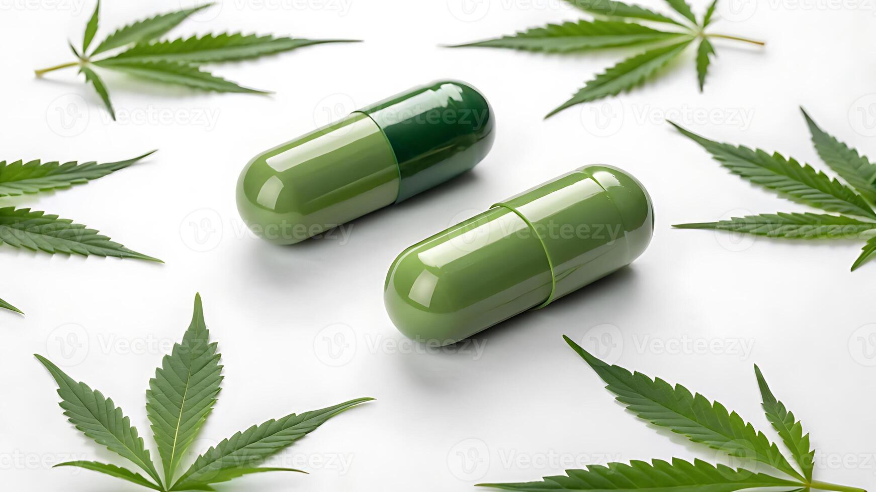 Two green cannabis oil capsules surrounded by marijuana leaves on a white background photo
