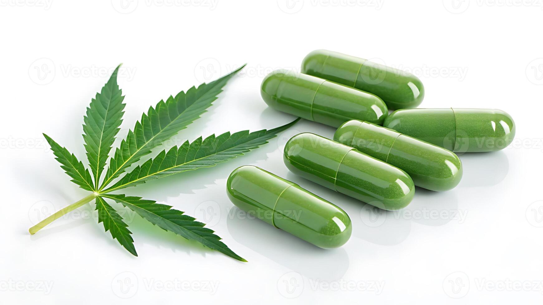 Green cannabis capsules and leaf on white background photo