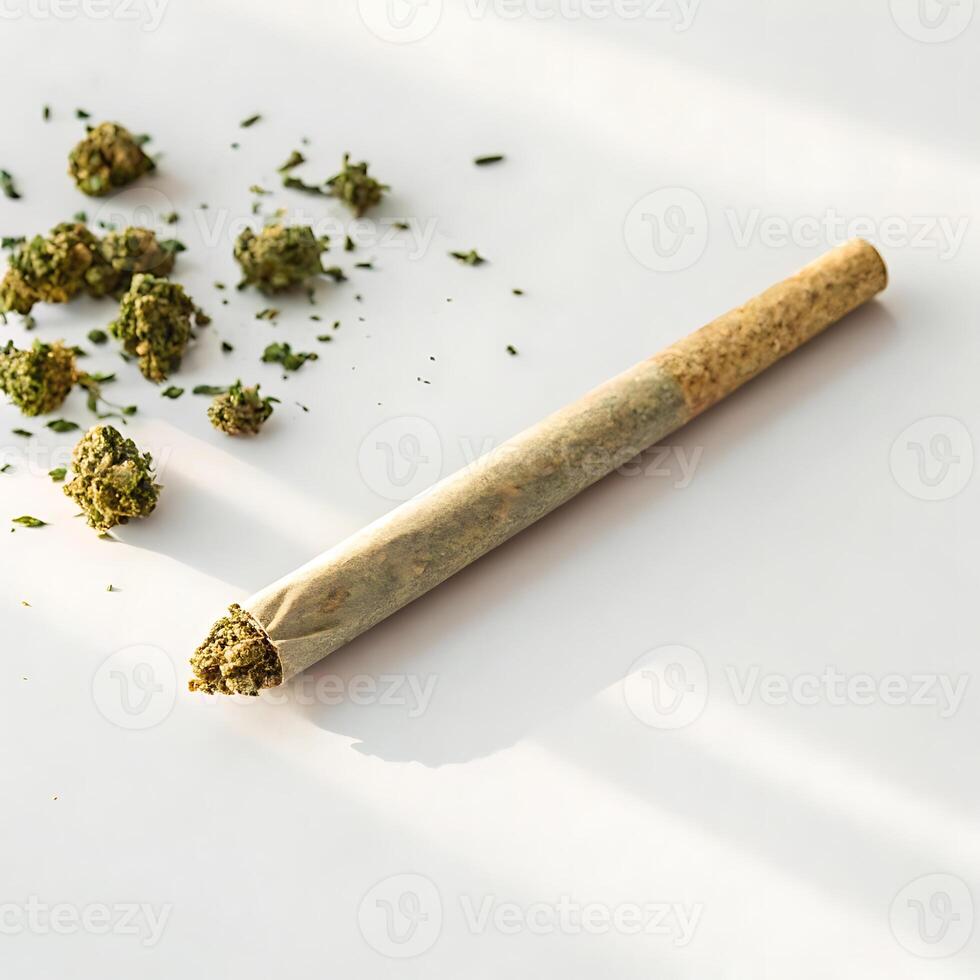 Rolled marijuana joint with scattered cannabis buds and leaves on a white surface photo