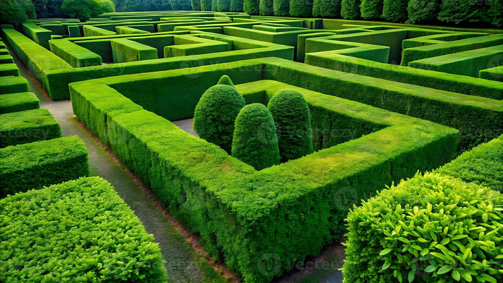 green hedge maze with topiary trees in a formal garden photo