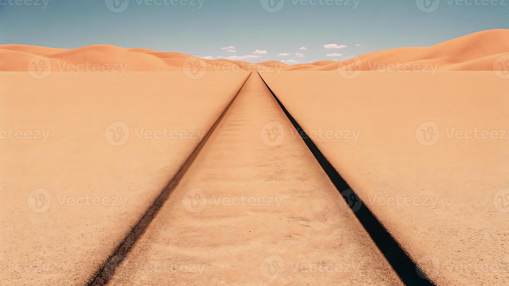 Endless train tracks disappearing into a vast desert landscape under a clear sky photo