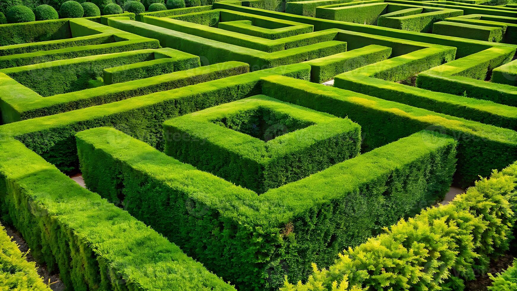 Aerial view of a large green hedge maze with intricate pathways and a central square photo