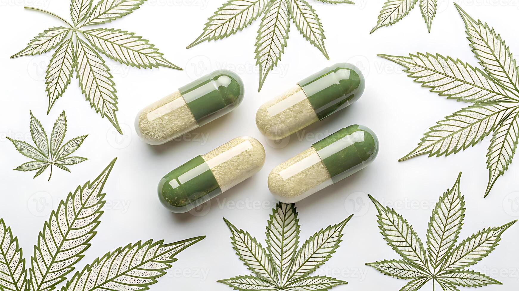 Four green and white capsules surrounded by cannabis leaf illustrations photo