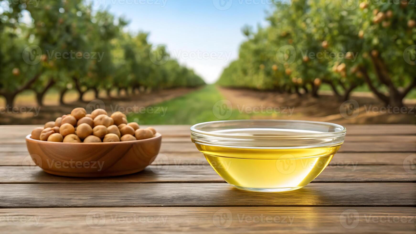 Hazelnuts and hazelnut oil in an orchard setting photo