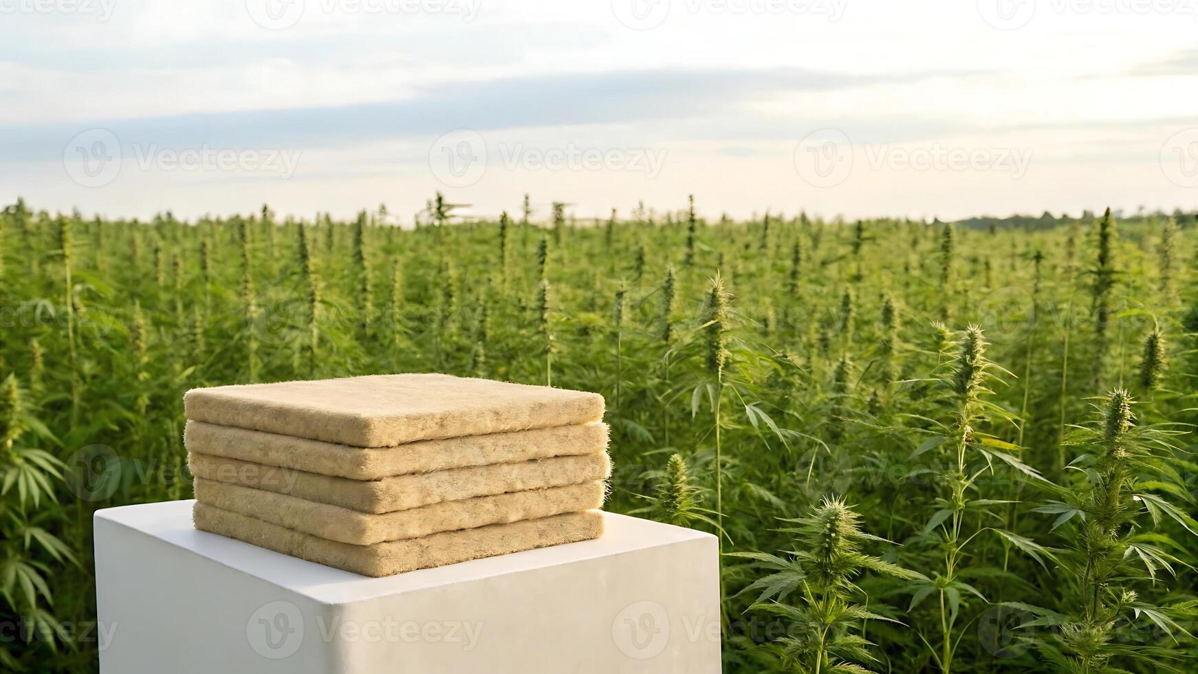 Stack of hemp products on display in a hemp field photo