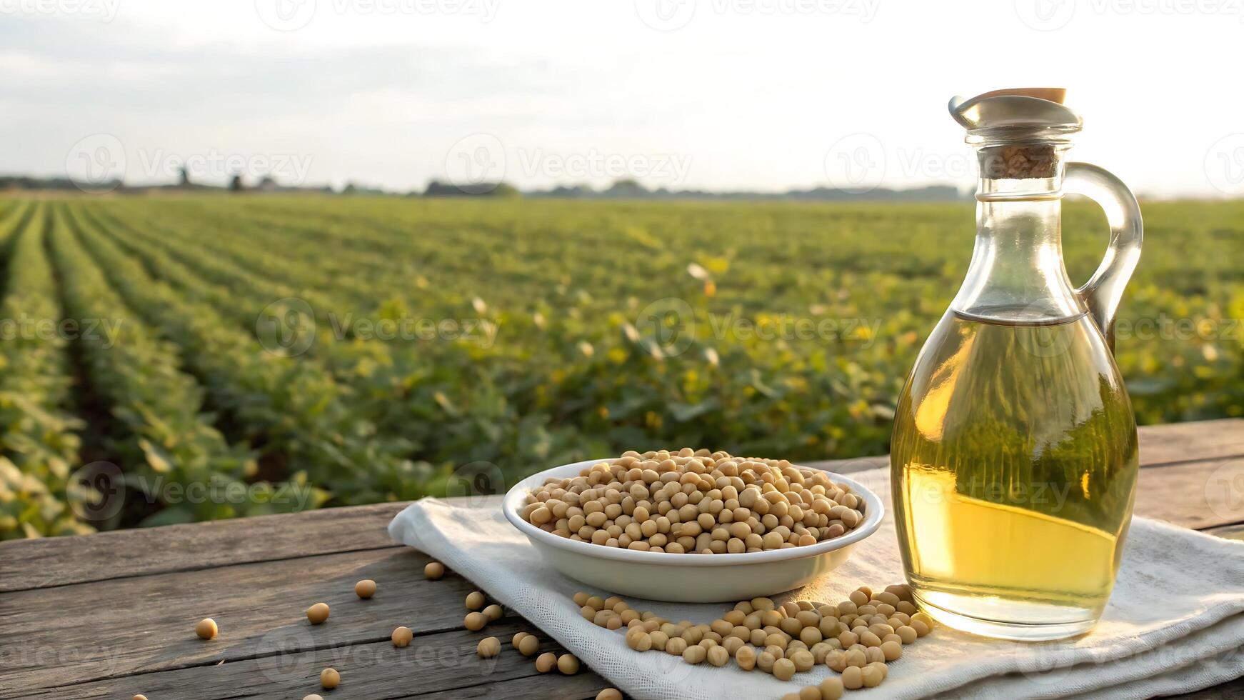 Soybean oil and beans in a field at sunset photo