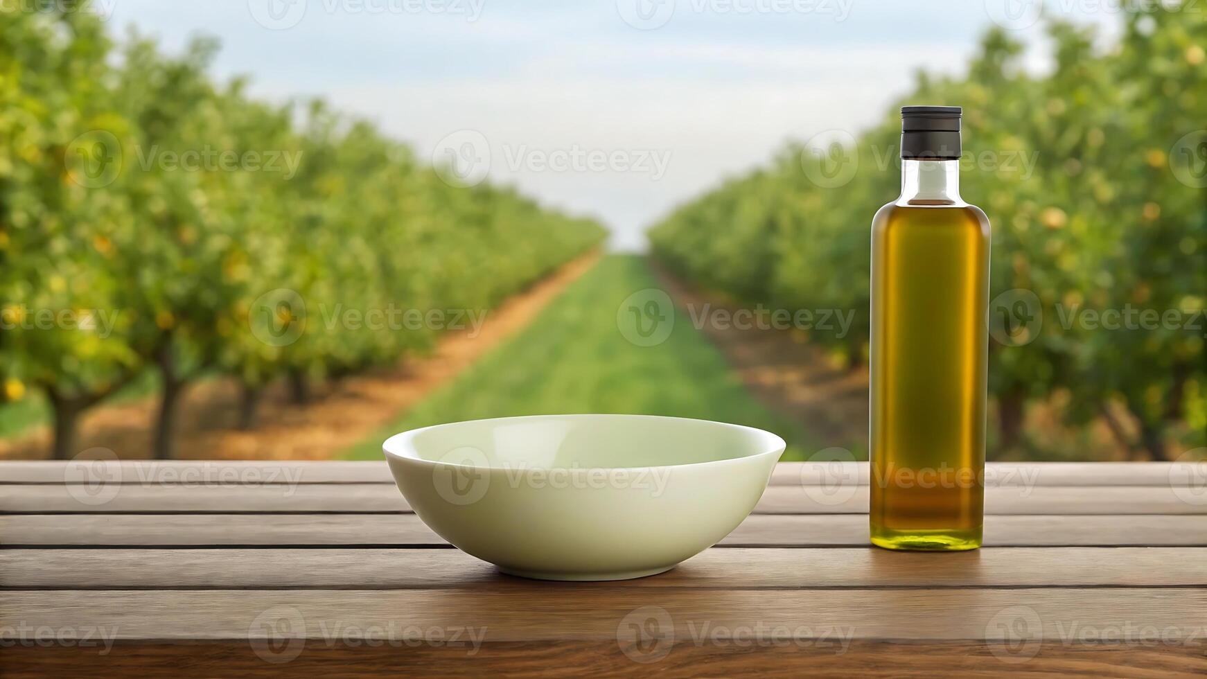 Olive oil bottle and bowl in an orchard setting photo