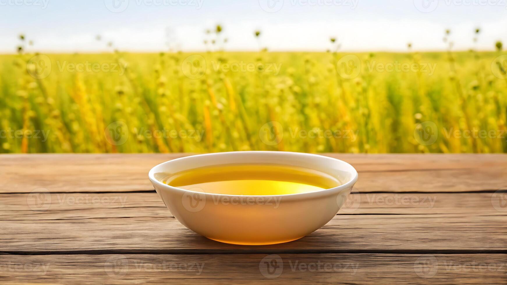 Bowl of golden liquid on a rustic wooden table with a sunflower field background photo