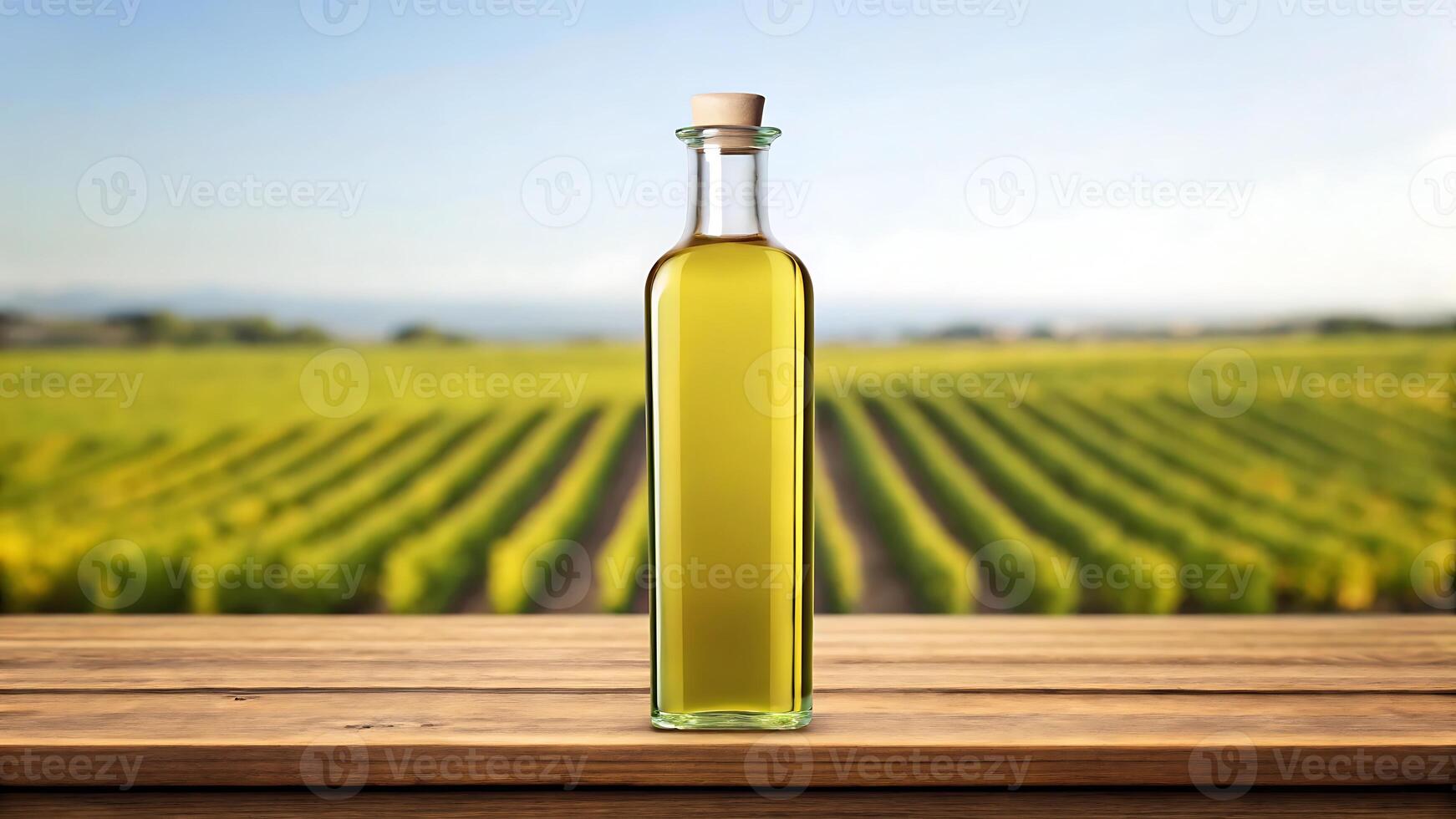 Tall glass bottle of golden olive oil on a wooden surface with vineyard background photo